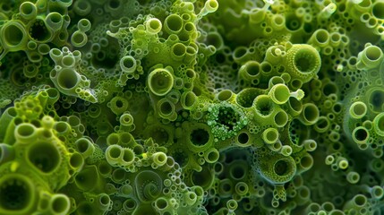 Artistic composition with green microscopic organisms representing organic patterns in biology and nature