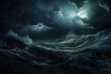 Dark Ocean Storm with Lightning Strikes and Powerful Waves at Night - A Black and Moody Seascape with Intense Cyclone Clouds