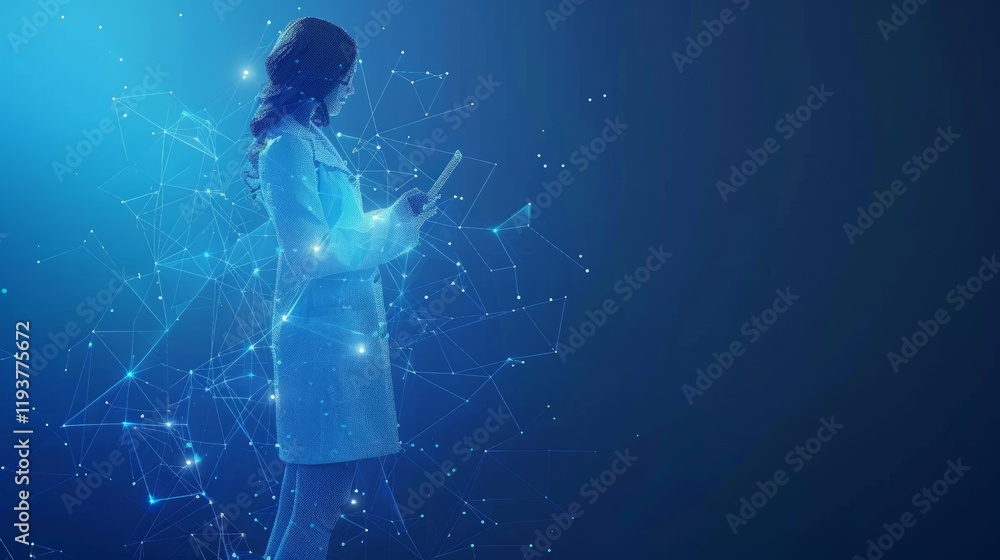 Poster explore the realm of futuristic digital technology through ai scientists work with a virtual hologra