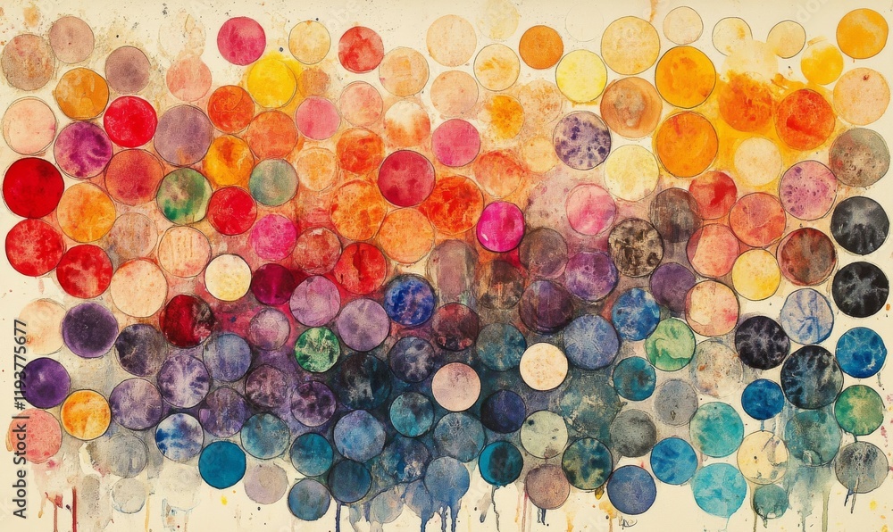 Aufkleber a collection of small, intricately colored watercolor circles arranged in a symmetrical pattern on a