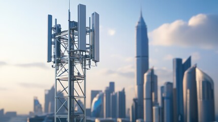 Obraz premium Urban telecommunication tower with skyline in the background