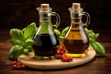 Delicious Olive Oil and Balsamic Vinegar Condiment with Herbs and Spices on a Rustic Background (3:2 ratio)