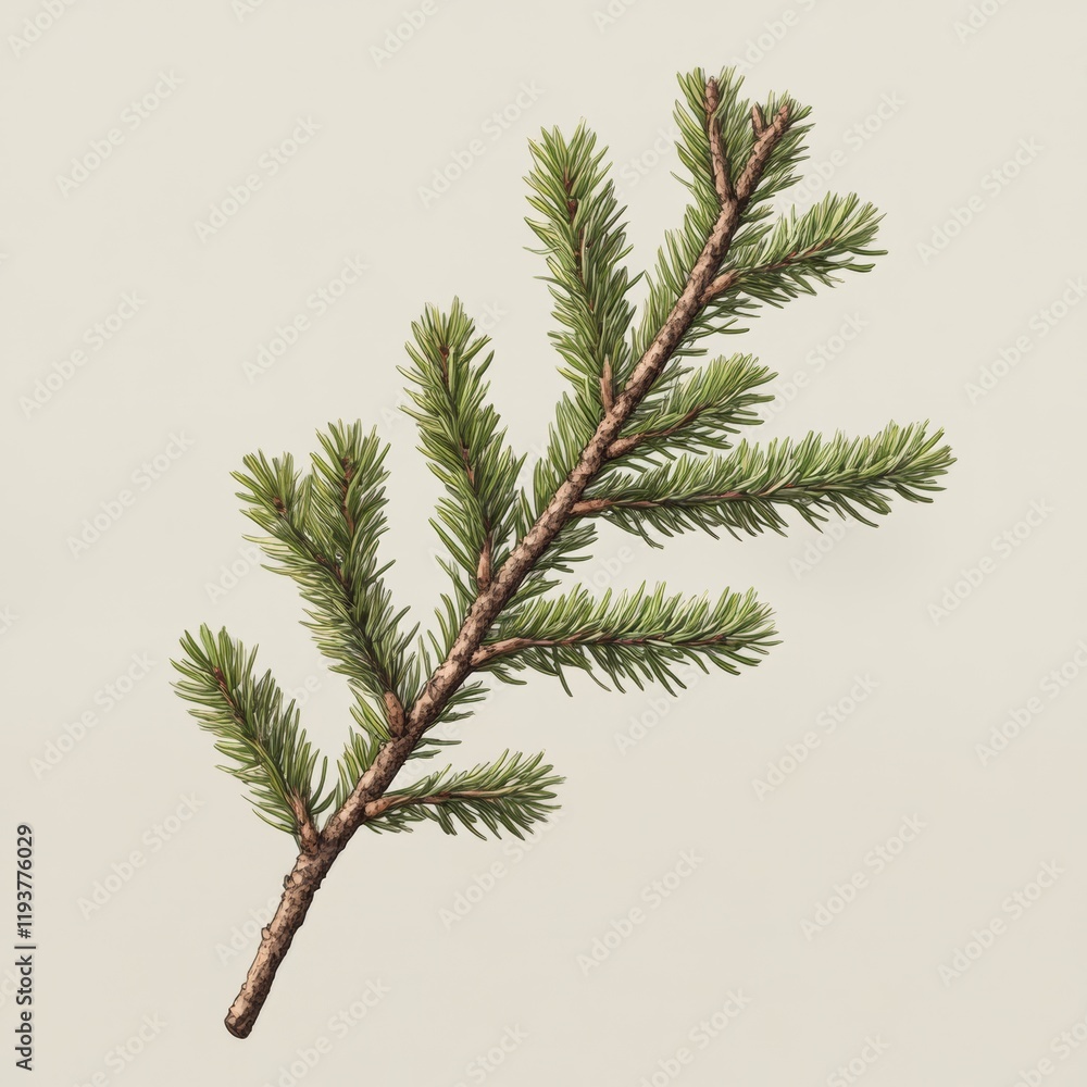 Poster a simple and sleek rendering of a green spruce branch with realistic texture and depth