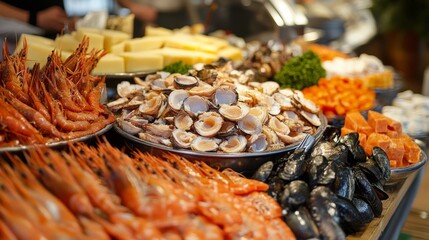 Fototapeta premium Variety of fresh seafood display including shrimp, clams, and mussels