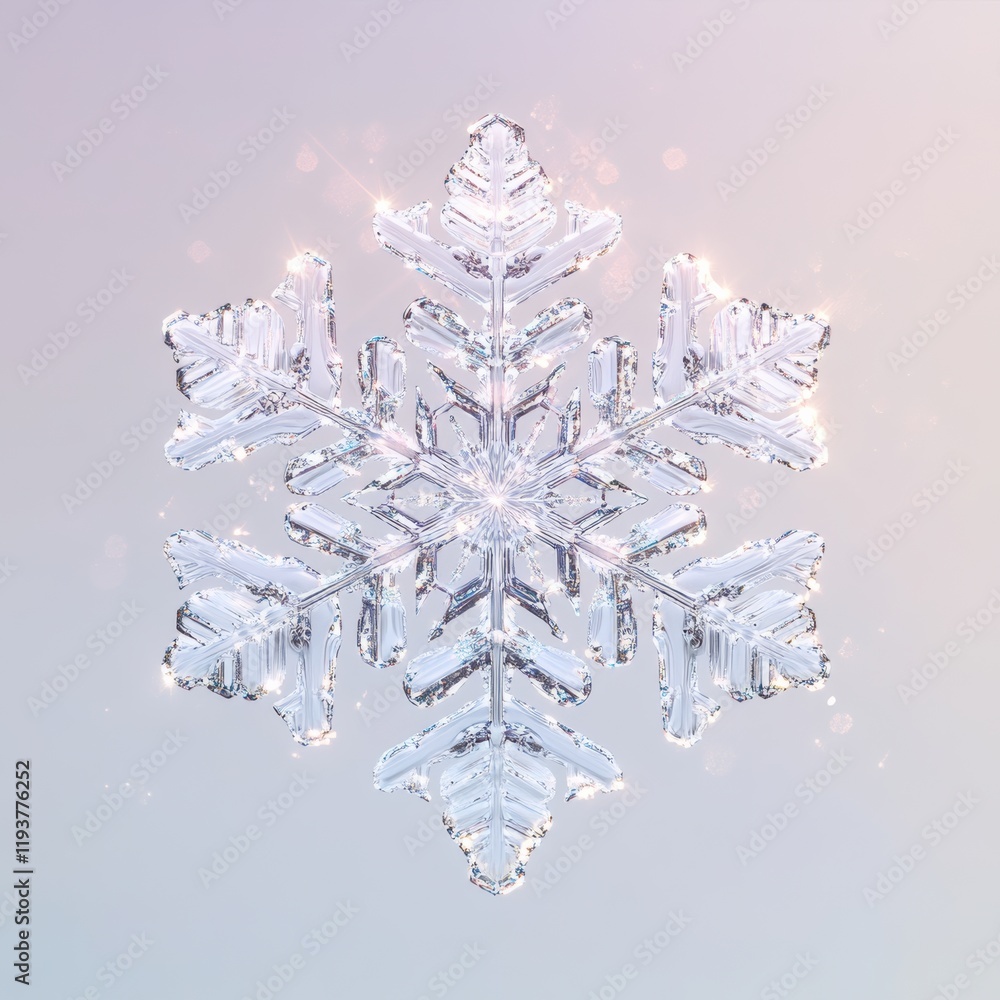Poster a single 3d snowflake intricately designed, floating against a pale winter sky, surrounded by soft g
