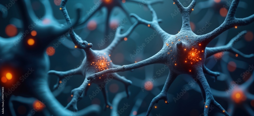 Leinwandbilder Microscopic view of active neurons. Orange glowing points represent neural activity within dark blue network. Complex cellular structure, activity of nerve cells. Digital image shows scientific