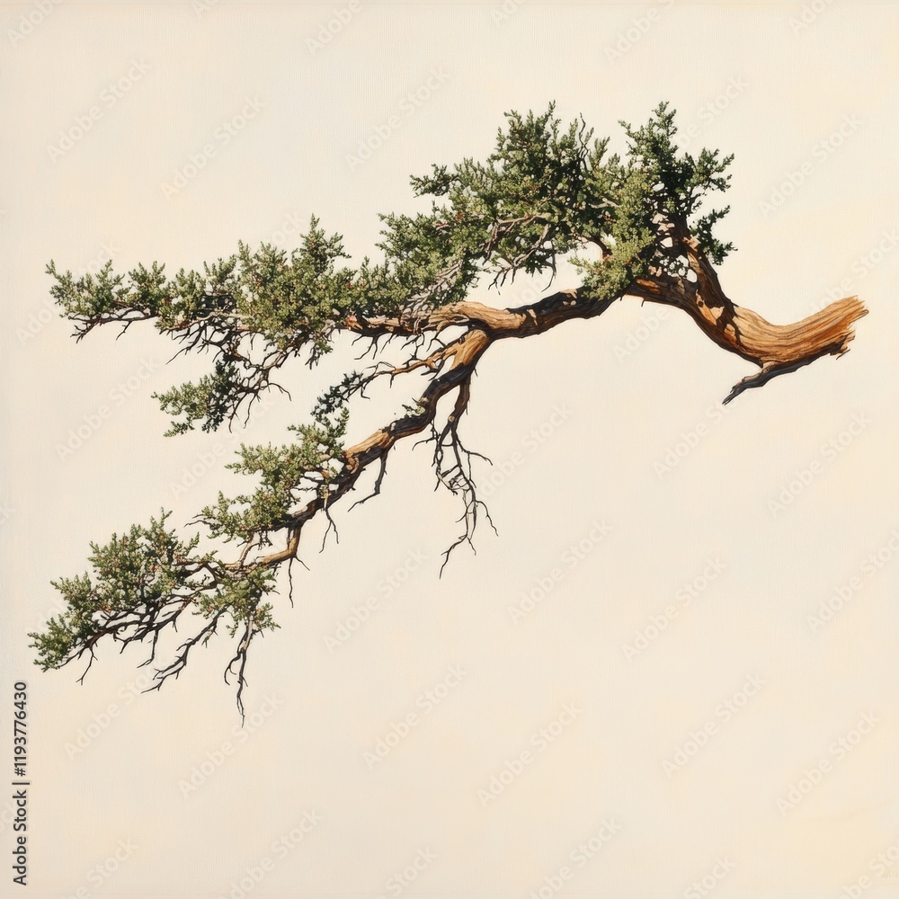 Poster a single branch of a cedar tree highlighted with intricate details and shadows