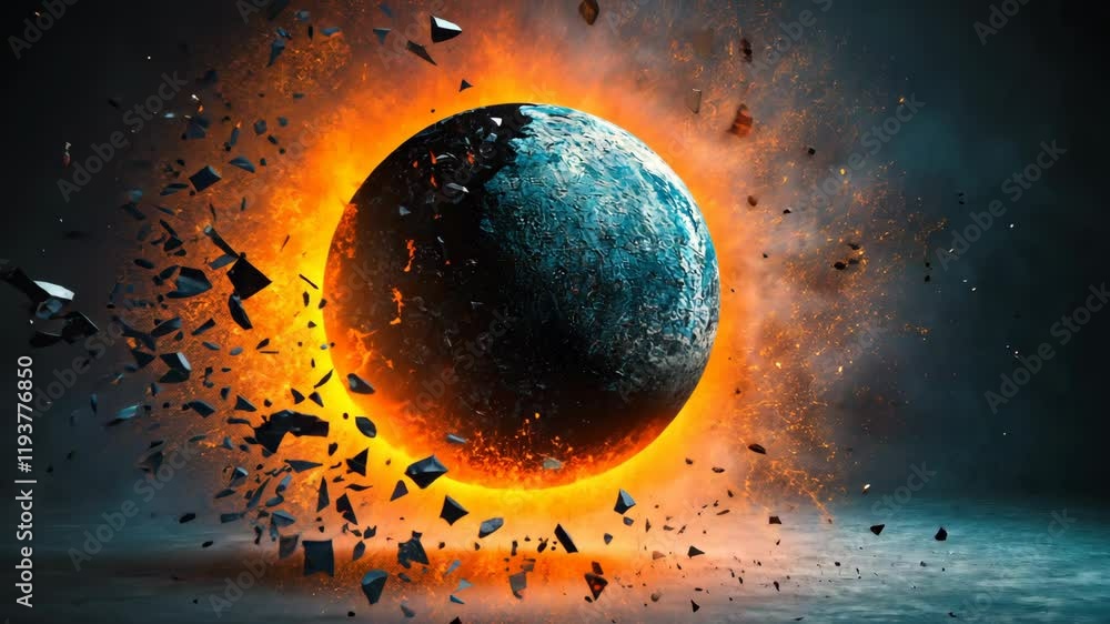 Poster exploding planet in a cosmic setting with fiery elements and debris in space during an imaginative s