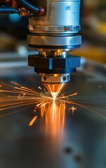 A laser cutting machine operates, emitting bright sparks as it precisely cuts through metal. The workshop is bustling with activity and advanced machinery