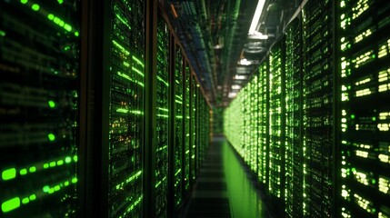 Vast green data center corridor with illuminated servers