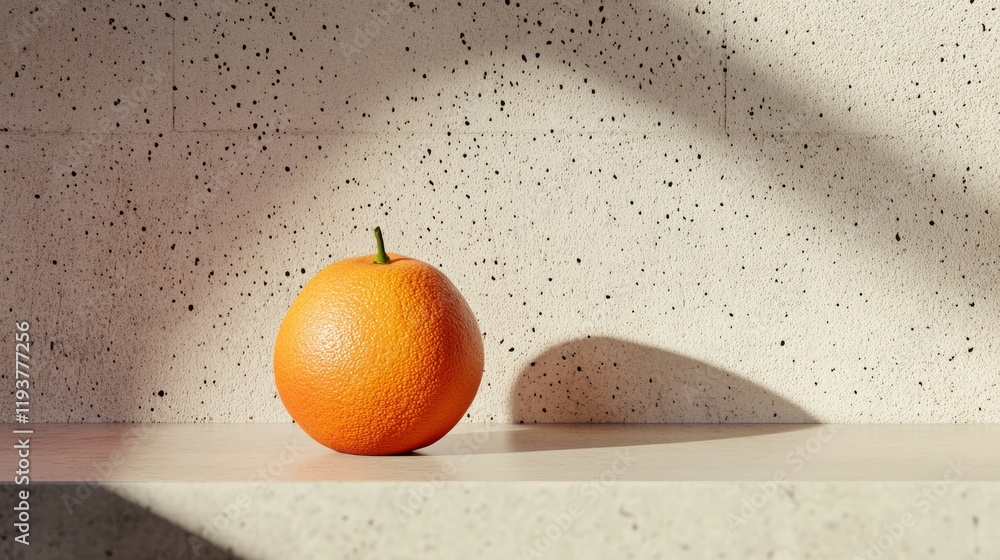 Poster a single orange with hyper-realistic textures and vivid colors, rendered in 3d on a muted background