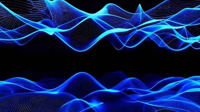 Blue wireframe sound waves visualizing frequency signals and audio wavelengths, creating a futuristic technology waveform against a black background,