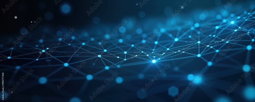 Leinwandbilder Abstract tech background shows network connection. Blue lines, points create complex geometric pattern. Dynamic tech design conveys data transfer communication. Futuristic wallpaper design. Abstract