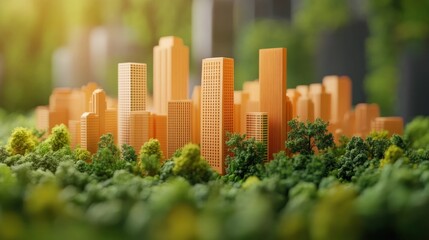 Fototapeta premium Aerial view of a miniature model or digital render of a modern city skyline with towering skyscrapers lush green foliage and conceptual urban development and infrastructure
