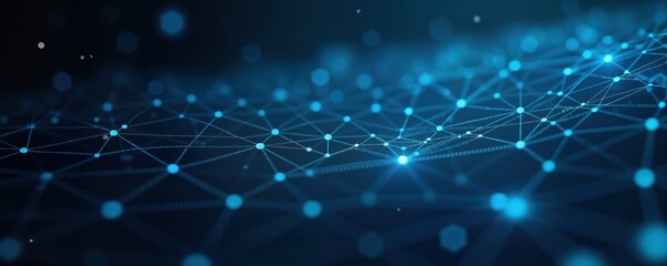 Obraz premium Abstract tech background shows network connection. Blue lines, points create complex geometric pattern. Dynamic tech design conveys data transfer communication. Futuristic wallpaper design. Abstract