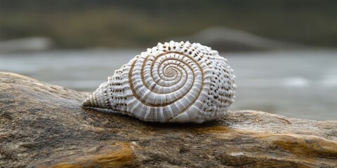 A single seashell with unique spiral patterns resting on textured driftwood near the waterline