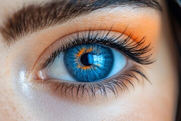Obraz premium Captivating Close-Up of a Blue Eye with Vibrant Orange Eye Shadow