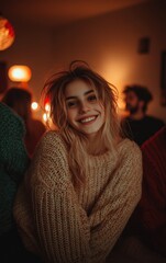 A young woman with tousled hair beams at the camera while participating in a joyful social gathering. The room is softly illuminated, creating a warm and inviting atmosphere