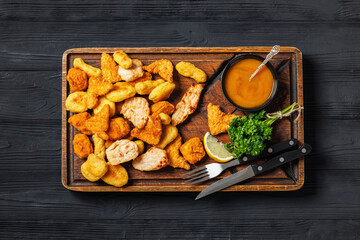 fried chunks, bites, tenders, nuggets on a plate