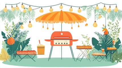 Colorful Outdoor Barbecue Setup with Grill, Umbrella, Tropical Plants, and Soft Lighting for Fun Summer Gatherings and Celebrations