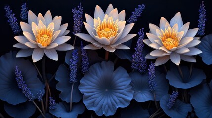 Three Water Lilies and Lavender Sprays Arranged Elegantly