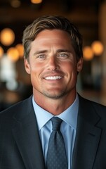 Fototapeta premium A well-dressed man is smiling confidently in a stylish indoor environment. His suit and tie complement the warm lighting, creating a welcoming atmosphere