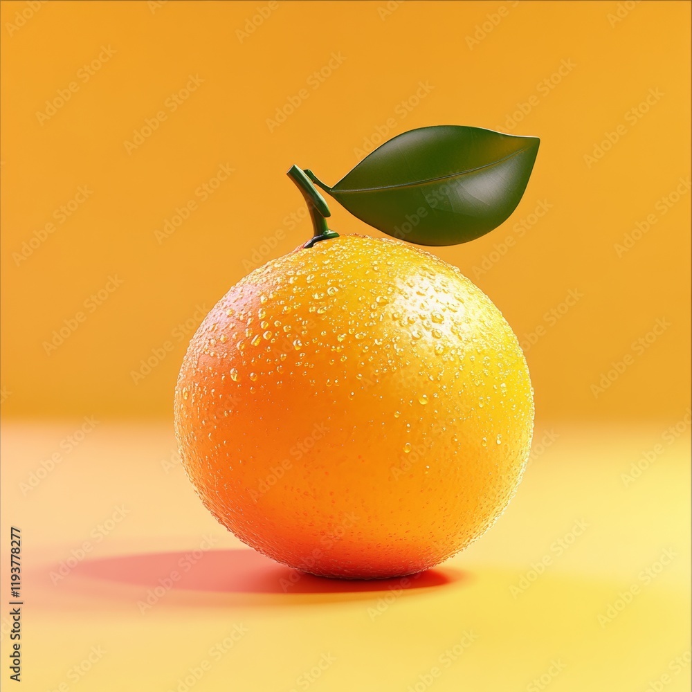 Poster a vibrant, glossy 3d rendering of a single orange citrus fruit with realistic textures, surrounded b
