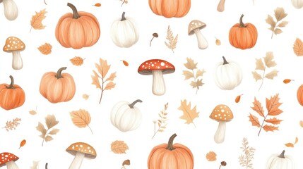 Autumnal pumpkin, mushroom, and leaf seamless pattern on white background