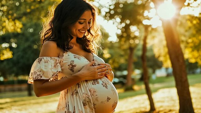 Young Hispanic woman caresses belly.Expectant mother walks park sunlight.Pregnancy glow beams face.Floral dress complements setting.Maternity,femininity,motherhood highlighted image.