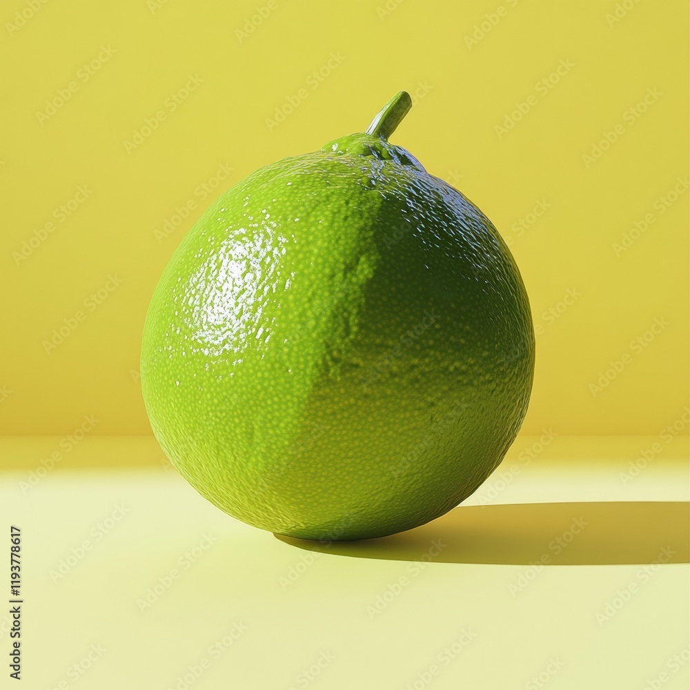 Poster a vibrant lime rendered in 3d with realistic textures, surrounded by a smooth yellow gradient backgr