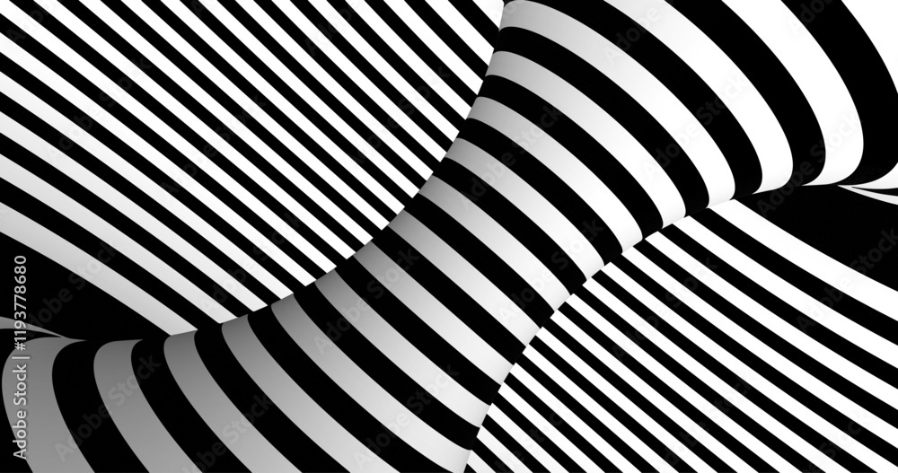 Poster Vector black and white striped pattern that creates a 3D optical illusion with curved and distorted lines. This abstract design is perfect for modern art, visual effects or unique creative projects.