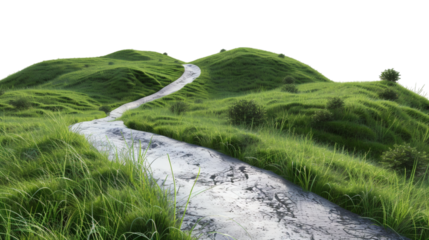 A winding mountain road through grassy hills, isolated on white background