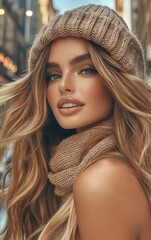 A young woman poses confidently in a stylish knitted hat and scarf. Her long, flowing hair and warm smile complement the bustling winter city backdrop