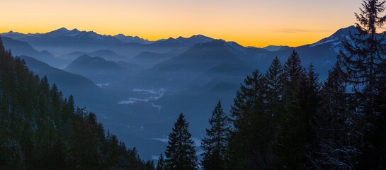 View towards Jachenau and Estergebirge. View from Mount Schonberg near Lenggries in the Bavarian Alps during winter. Germany, Bavaria.