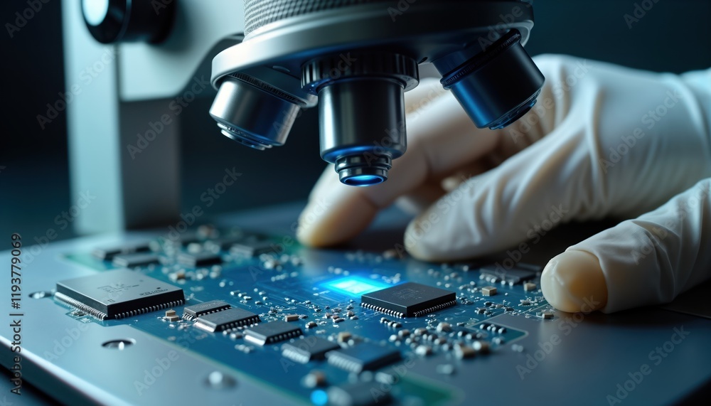 Poster Technician uses electron microscope to inspect computer chips. Close-up view shows detailed inspection of microchip for defects. Advanced tech innovation in chip development. Modern engineering