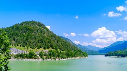 Reservoir Lake Sylvenstein near Bad Tolz in the Karwendel mountains. The river Isar is the main...