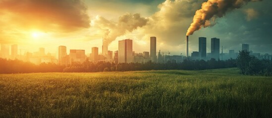 Obraz premium Dramatic cityscape with smoking factories and industrial chimneys billowing clouds of smoke against a fiery sunset sky over a grassy field landscape Concept of environmental pollution climate change