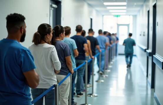 Diverse people stand in hospital hallway. Wait patiently in queue for medical appointments. Modern hospital facility. Many patients waiting for health care services. Calm atmosphere in clinic