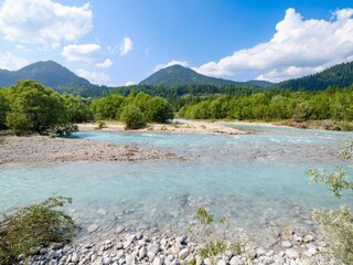 River Isar near Sylvenstein reservoir close to village. Fall in the Karwendel Mountains. Germany,...
