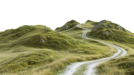 A winding mountain road through grassy hills, isolated on white background