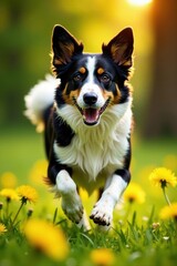 Agile Border collie in full run, surrounded by blowing dandelions , dogs, running, herding