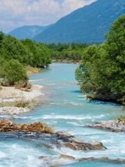 River Isar near Sylvenstein reservoir close to village. Fall in the Karwendel Mountains. Germany,...