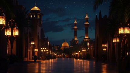 Obraz premium Enchanting Night Scene of Middle Eastern Architecture and Glowing Lanterns Under a Starry Sky