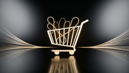 beautiful golden shopping cart on dark background banner
