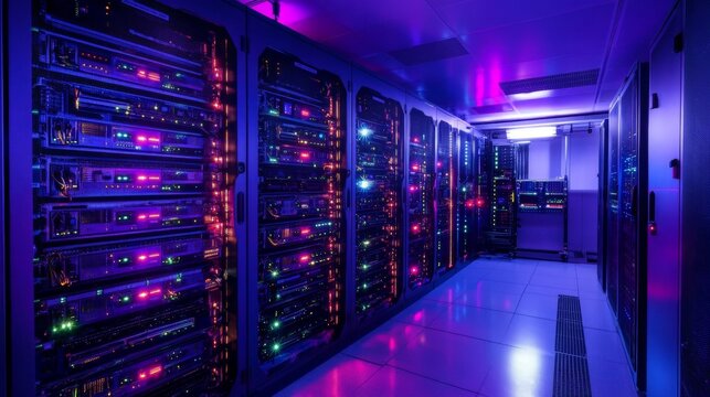 Vibrant data center with illuminated servers in a technology room - Powered by Adobe