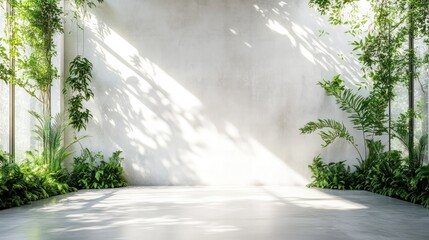 Peaceful and tranquil forest oasis bathed in warm sunlight with lush green foliage plants and a winding pathway through a serene natural setting