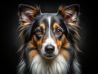 Tricolor Collie Dog Head Portrait - Dark Background Stock Photo