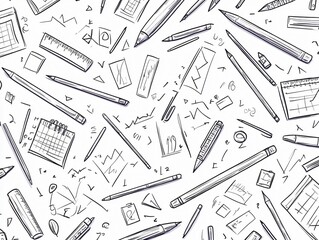 Sketchy Stationery Seamless Pattern: Pencils, Pens, Rulers, and More