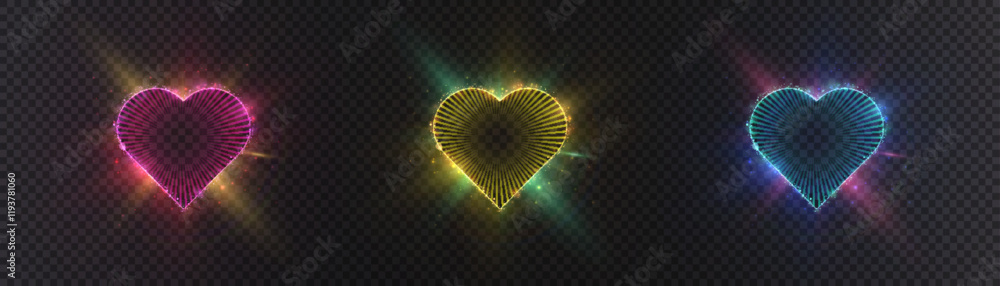 Aufkleber set of hearts with bright neon rays illumination on black background for valentine's day illustratio