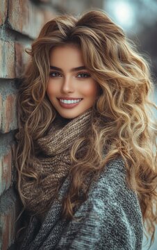 A woman with long, curly hair smiles warmly while leaning against a textured brick wall. She wears a thick, cozy scarf, capturing the essence of an autumn day